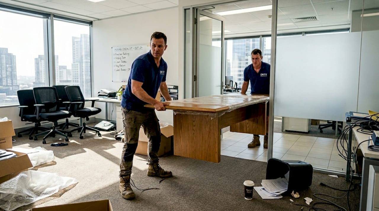 Removalists moving table in Melbourne office