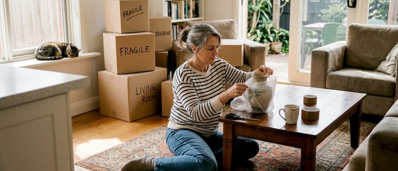 Careful packing of fragile vase for moving