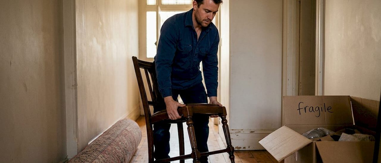 Mover lifts antique chair in Melbourne home