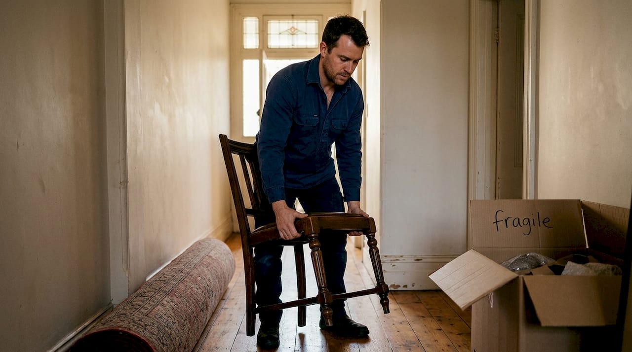 Mover lifts antique chair in Melbourne home