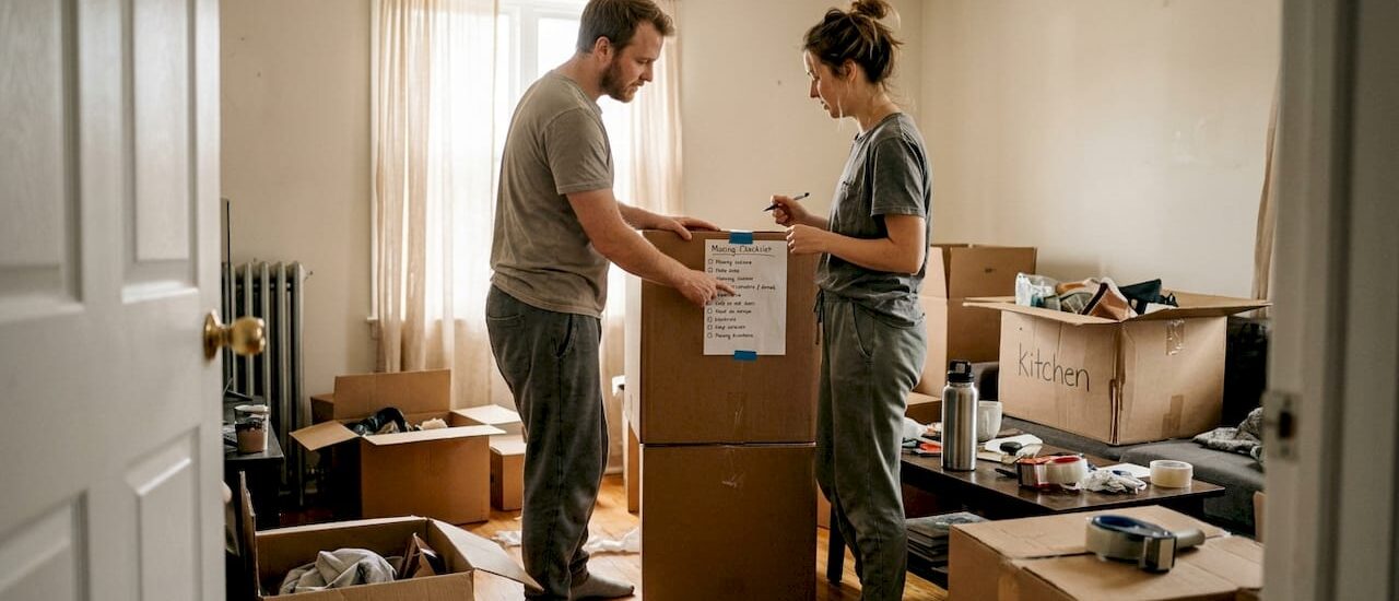 Couple checking moving checklist amid boxes