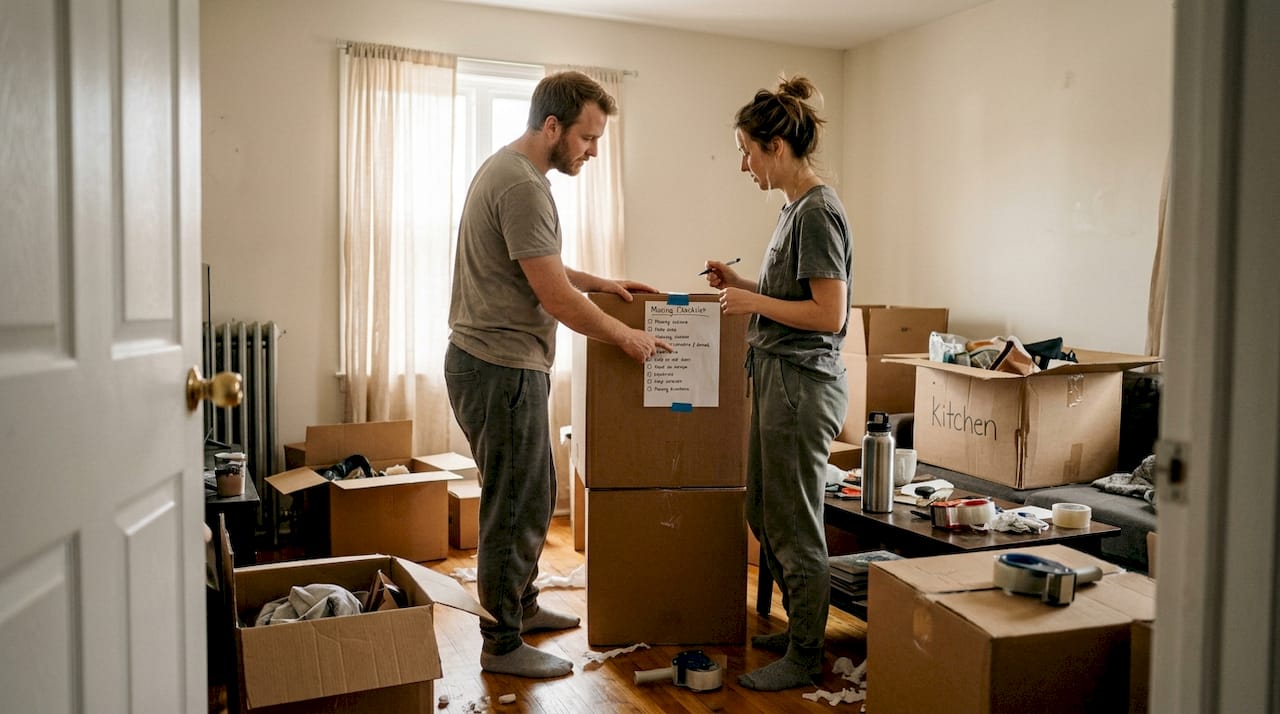 Couple checking moving checklist amid boxes