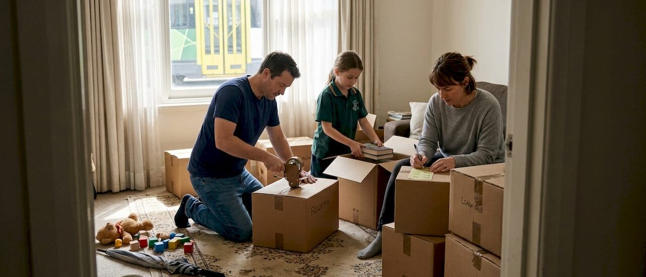 Family packing boxes for Melbourne move