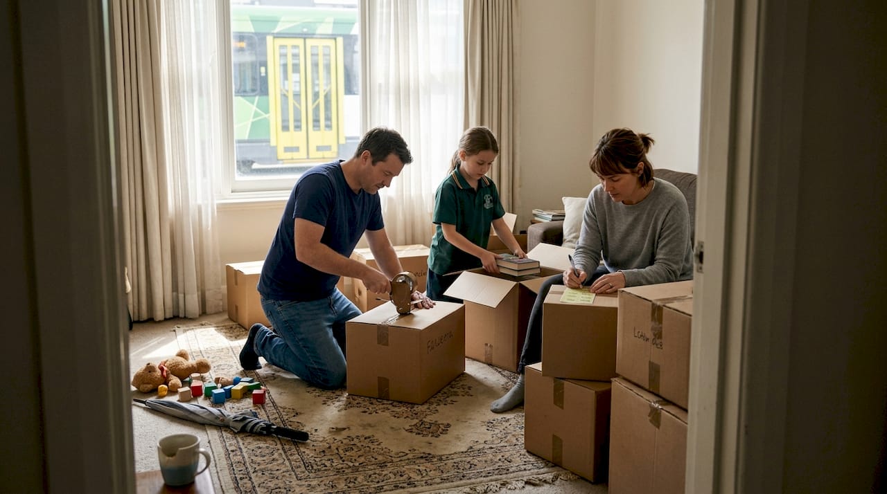 Family packing boxes for Melbourne move