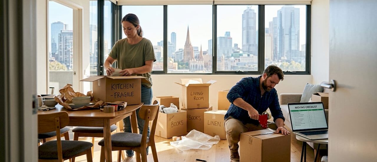 Couple packing boxes in Melbourne apartment