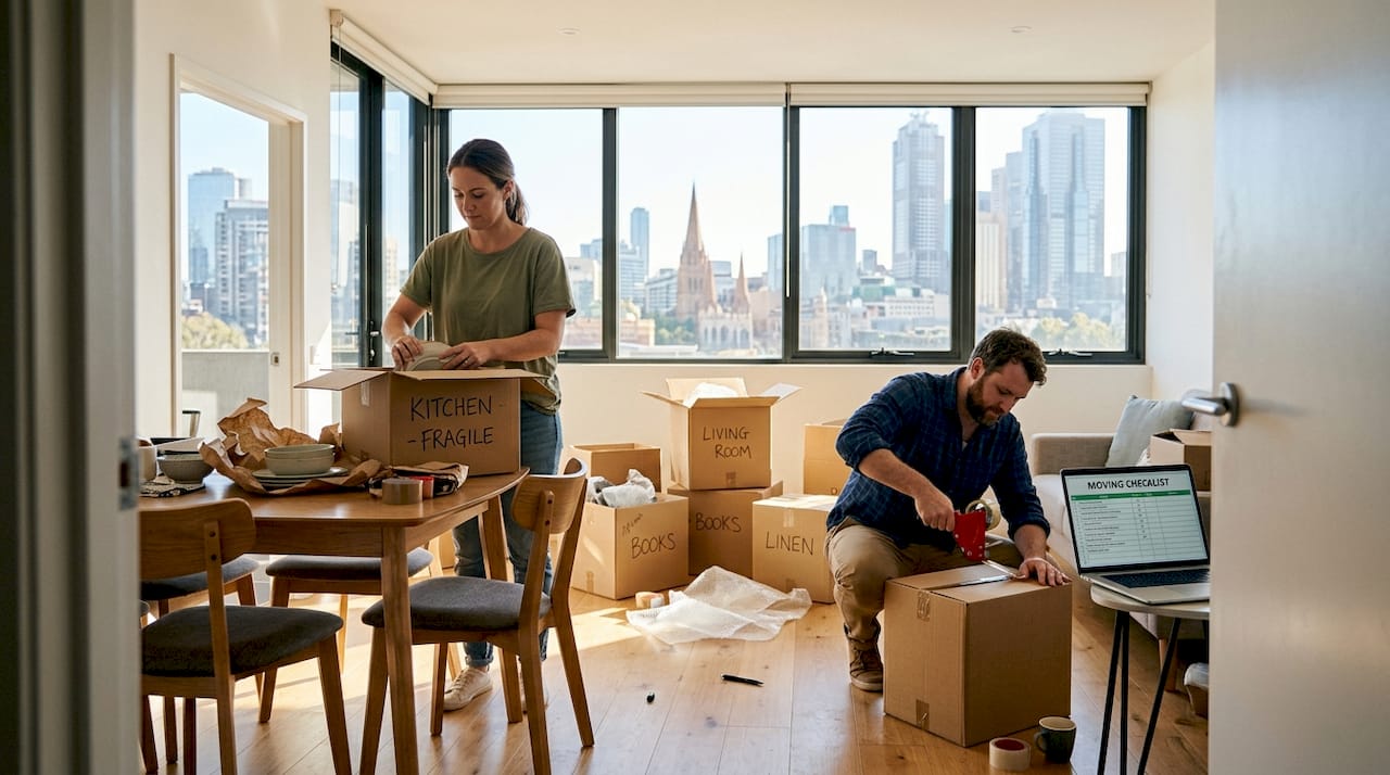 Couple packing boxes in Melbourne apartment