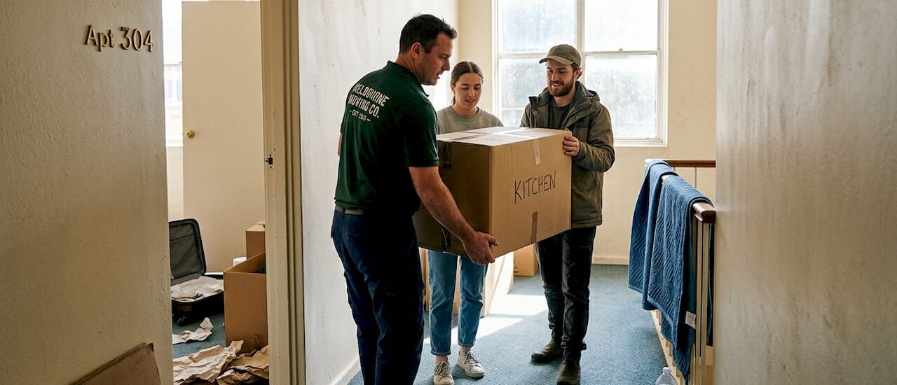 Mover and couple carrying boxes Melbourne apartment