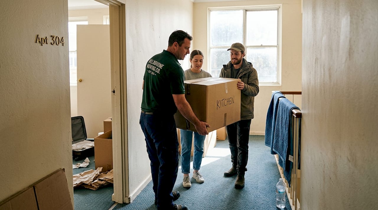 Mover and couple carrying boxes Melbourne apartment