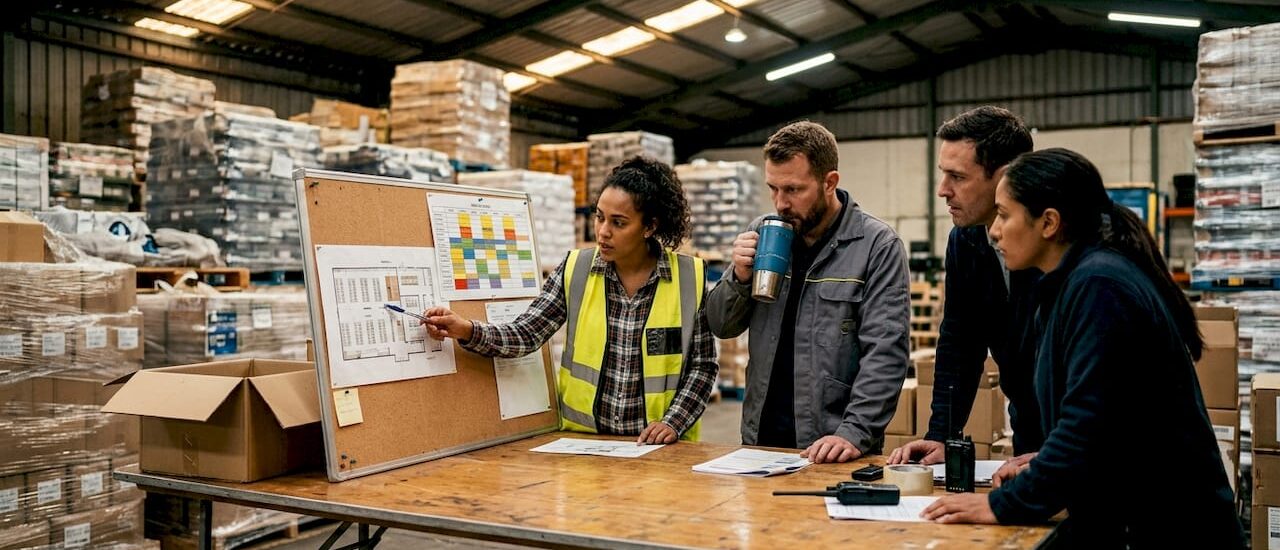 Warehouse managers reviewing moving plan together