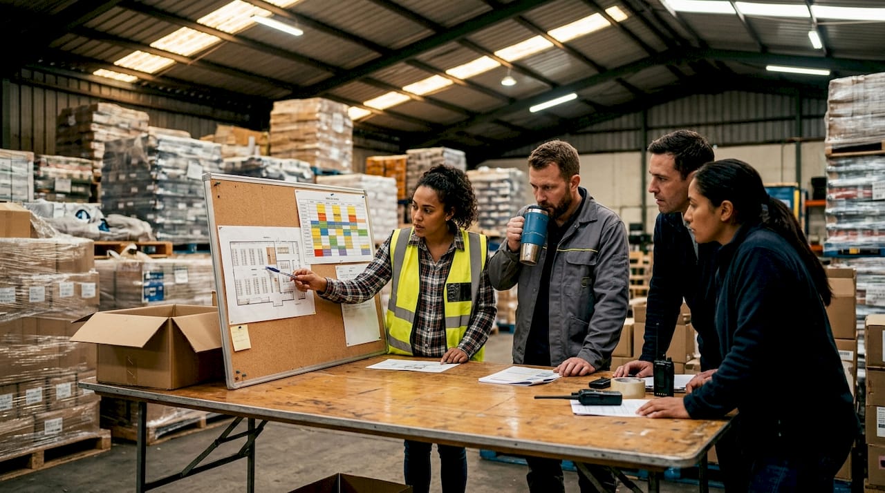Warehouse managers reviewing moving plan together