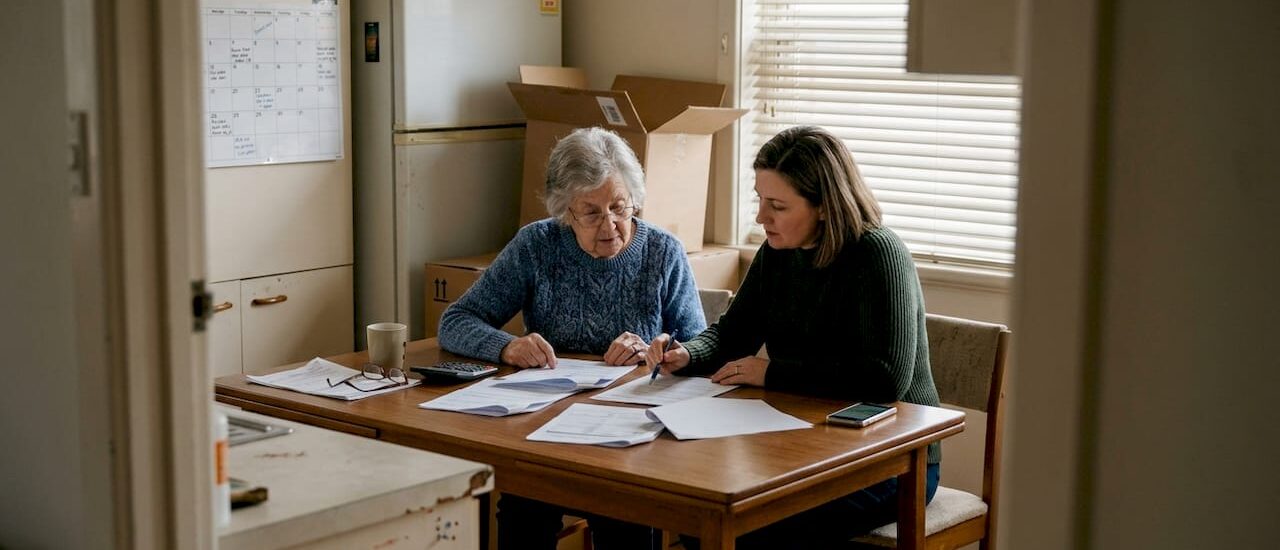 Elderly woman reviewing moving paperwork with daughter