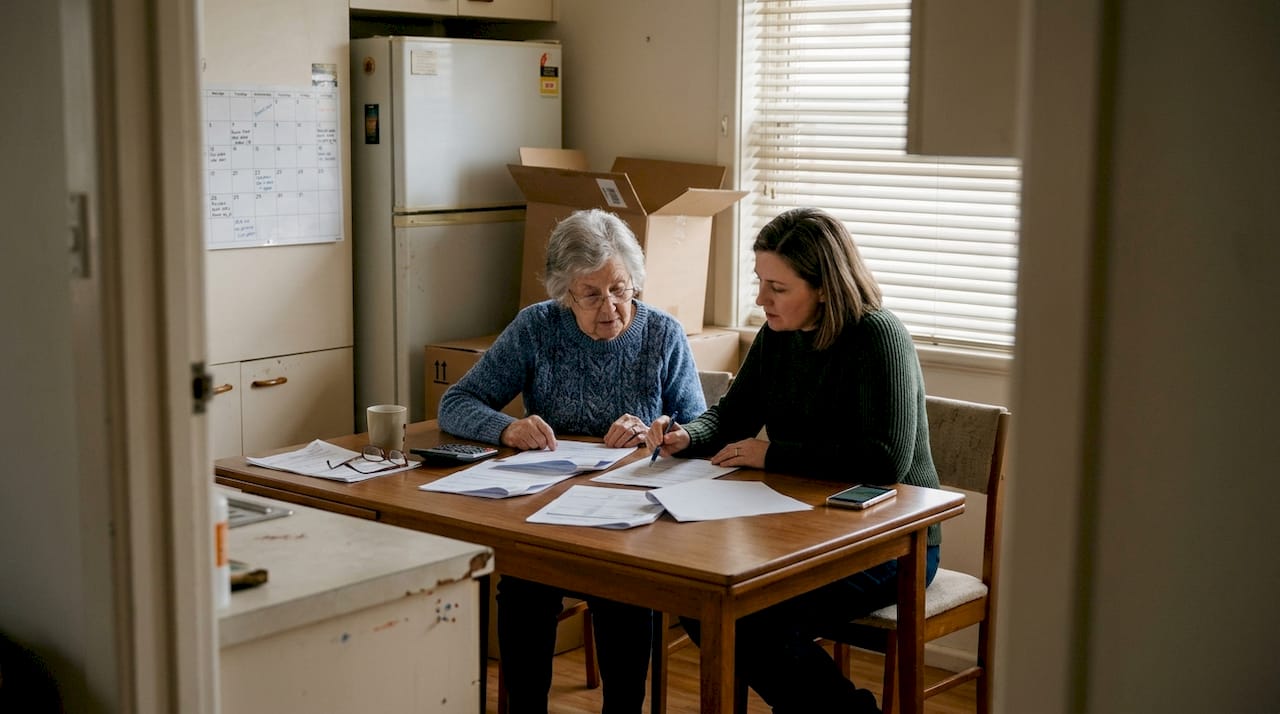 Elderly woman reviewing moving paperwork with daughter