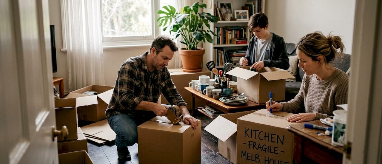 Family packing moving boxes in Melbourne home