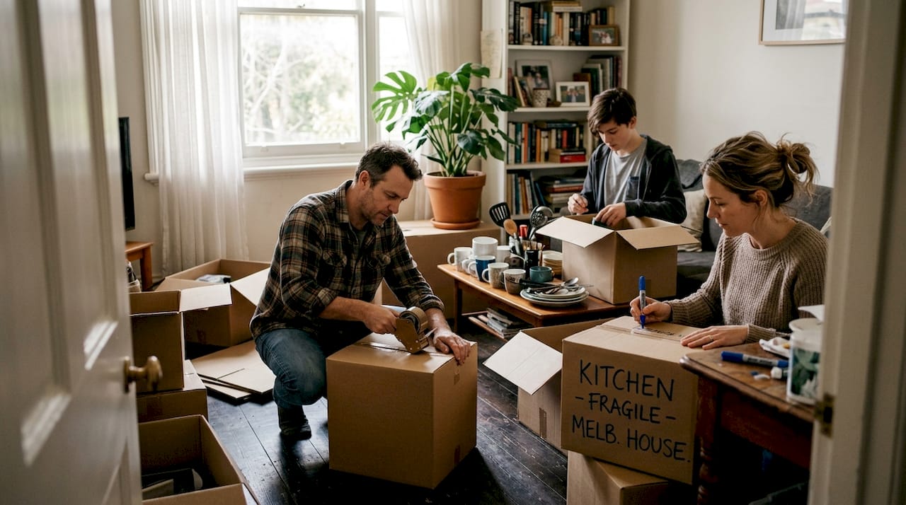 Family packing moving boxes in Melbourne home