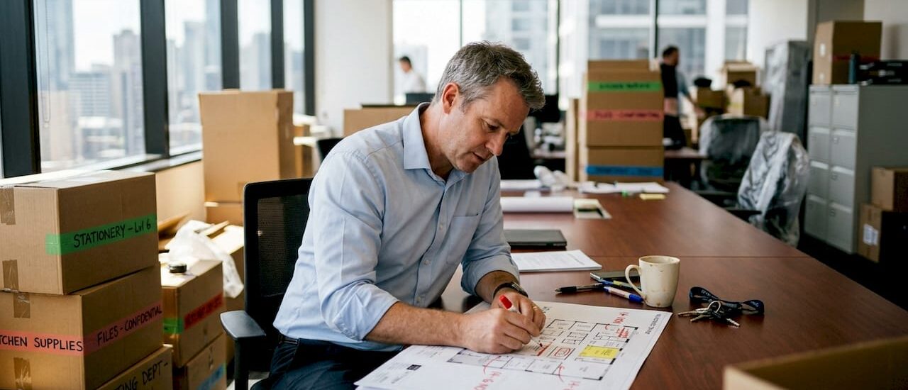 Office manager planning relocation with labelled boxes