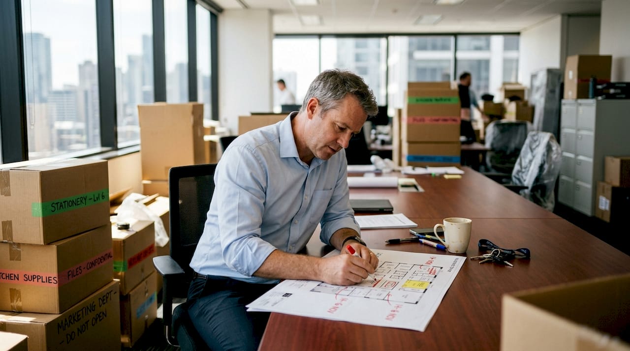 Office manager planning relocation with labelled boxes