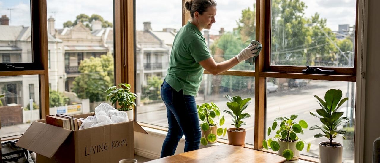 Cleaner wiping window during Melbourne apartment move