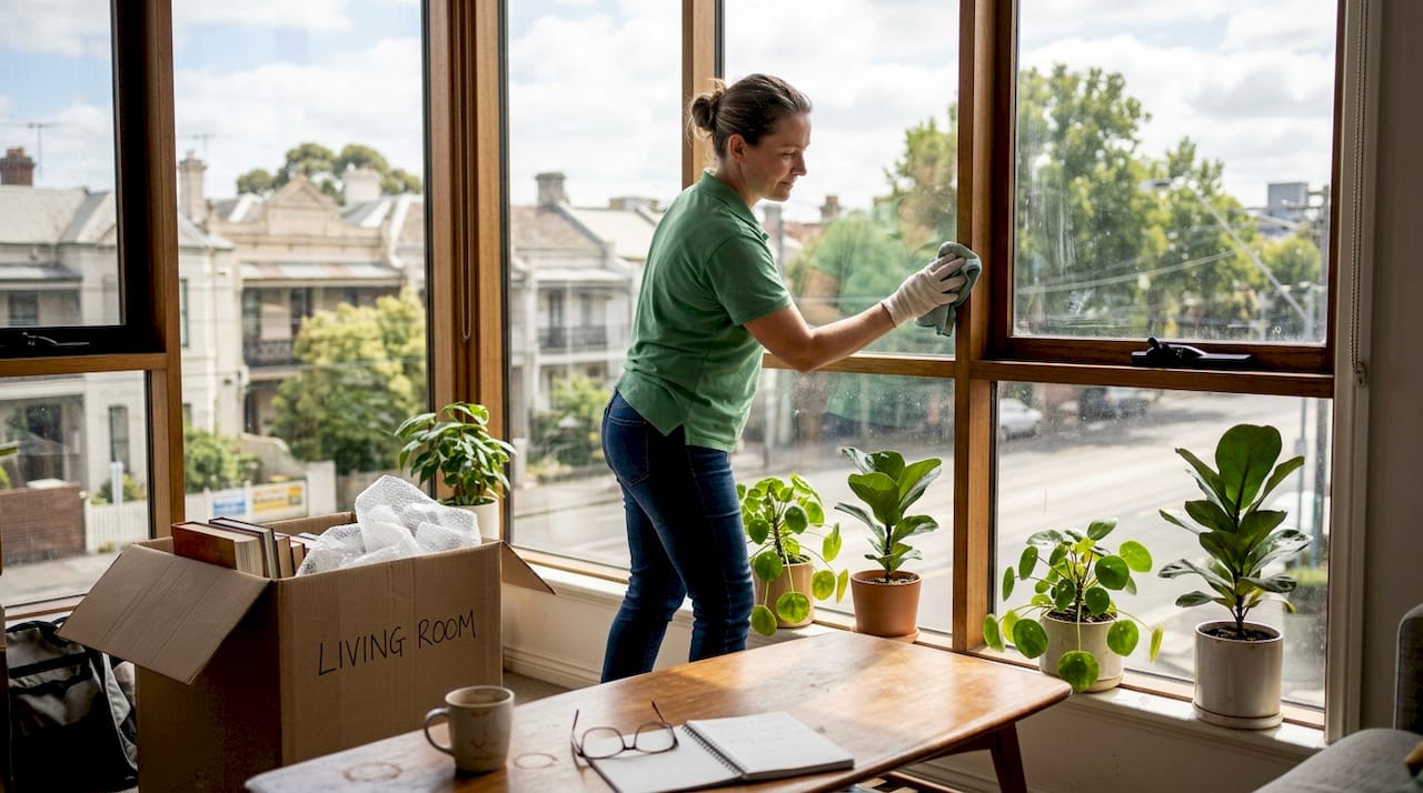 Cleaner wiping window during Melbourne apartment move
