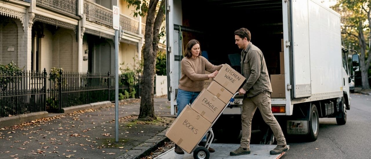 Couple loading moving truck on Melbourne street