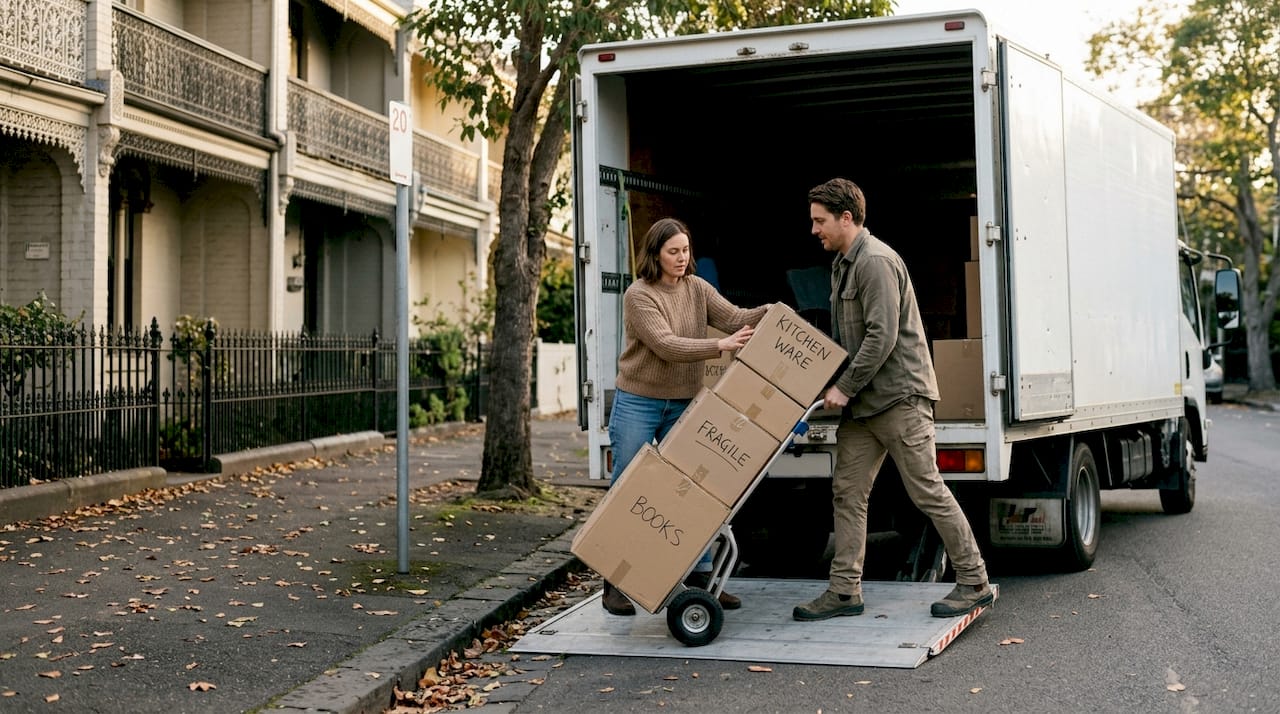 Couple loading moving truck on Melbourne street