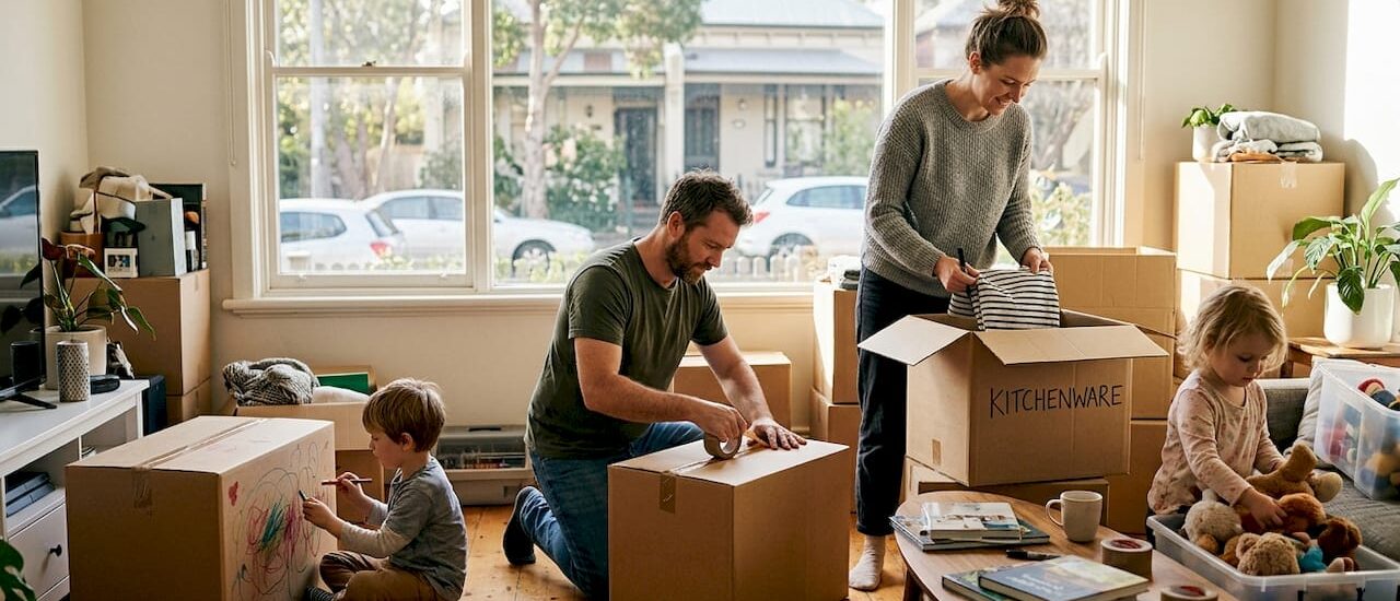 Family packing moving boxes together at home