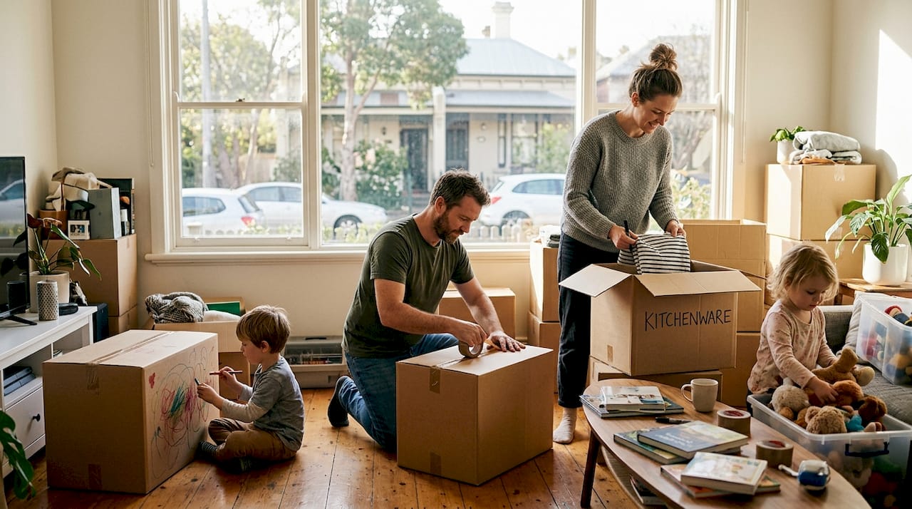 Family packing moving boxes together at home
