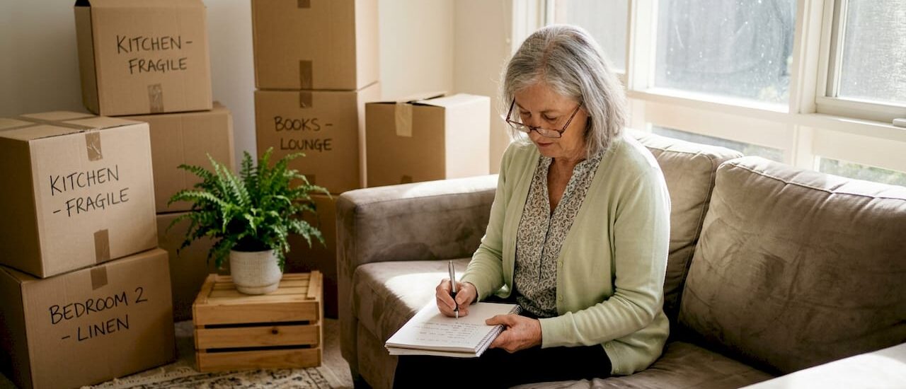 Senior woman reviewing moving checklist among boxes