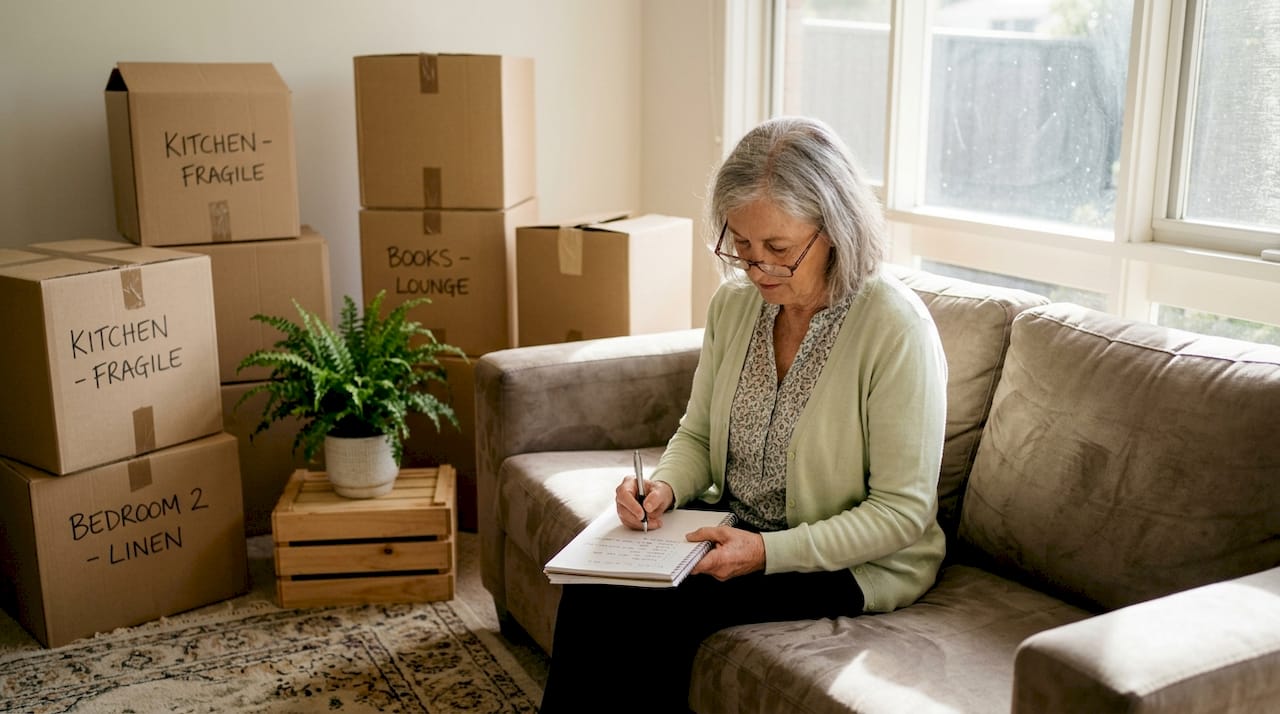 Senior woman reviewing moving checklist among boxes