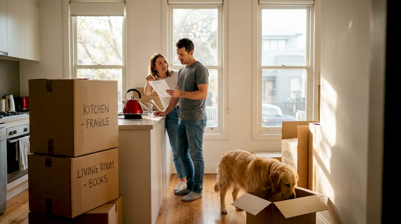 Couple checking moving checklist in unpacked Melbourne home