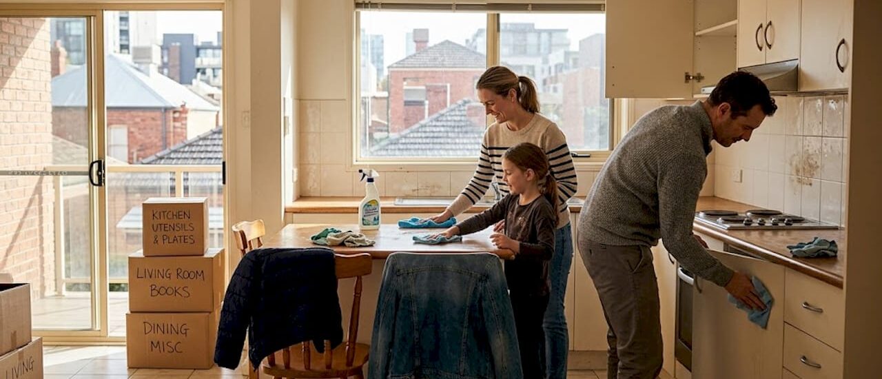 Family cleaning kitchen in bright Melbourne apartment