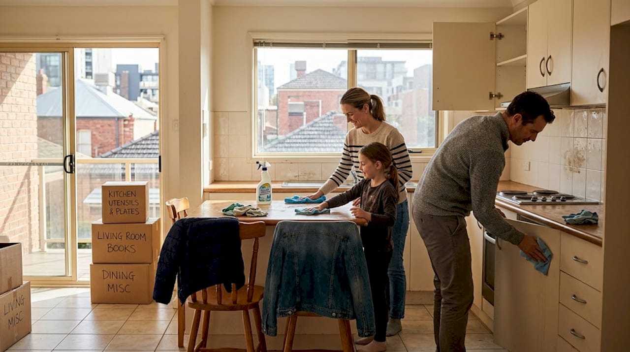 Family cleaning kitchen in bright Melbourne apartment