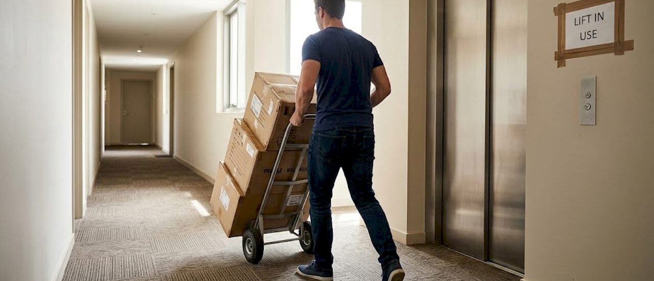 Mover with boxes in high-rise hallway
