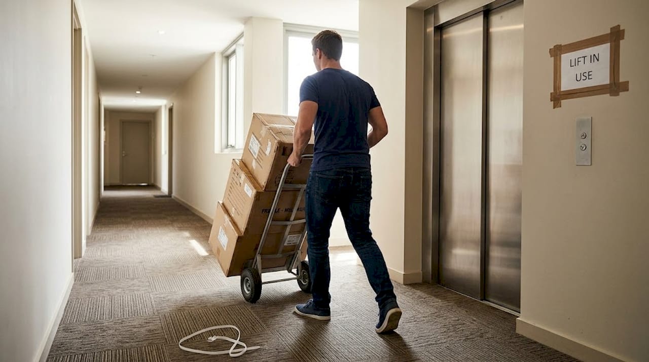 Mover with boxes in high-rise hallway