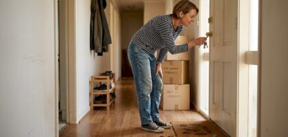 Woman checking front door lock on moving day