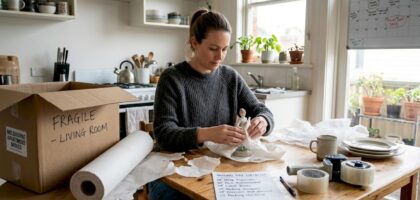 Woman wrapping collectible in bright apartment