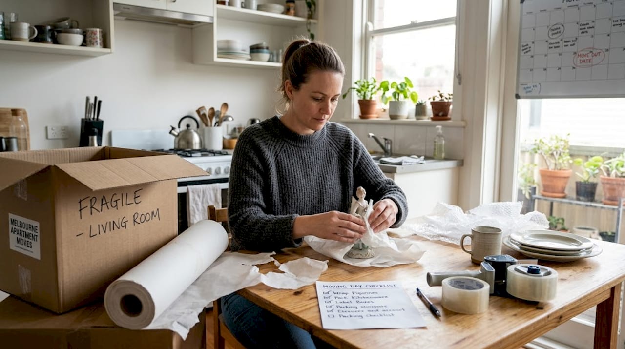 Woman wrapping collectible in bright apartment