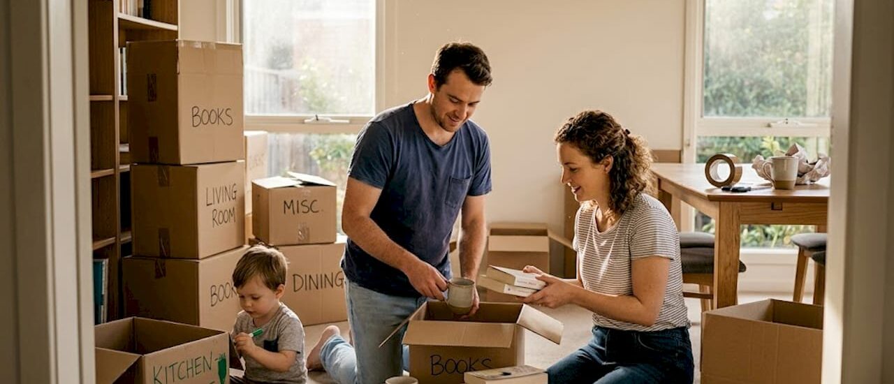 Family packing boxes in Melbourne living room