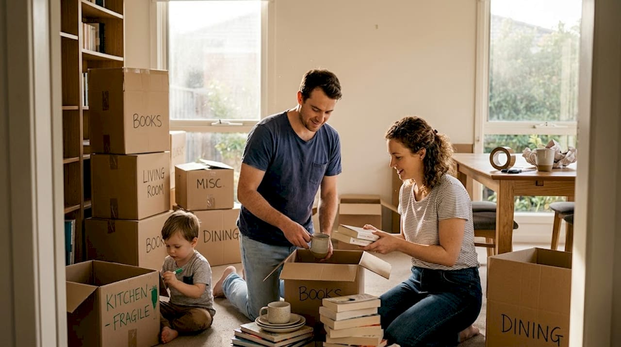 Family packing boxes in Melbourne living room