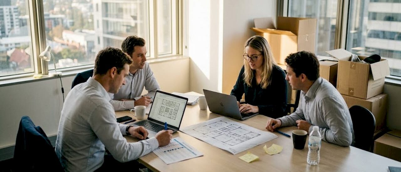 Team planning business relocation in office