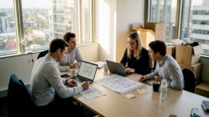 Team planning business relocation in office