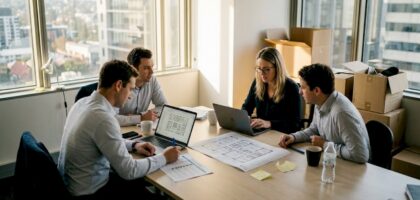 Team planning business relocation in office