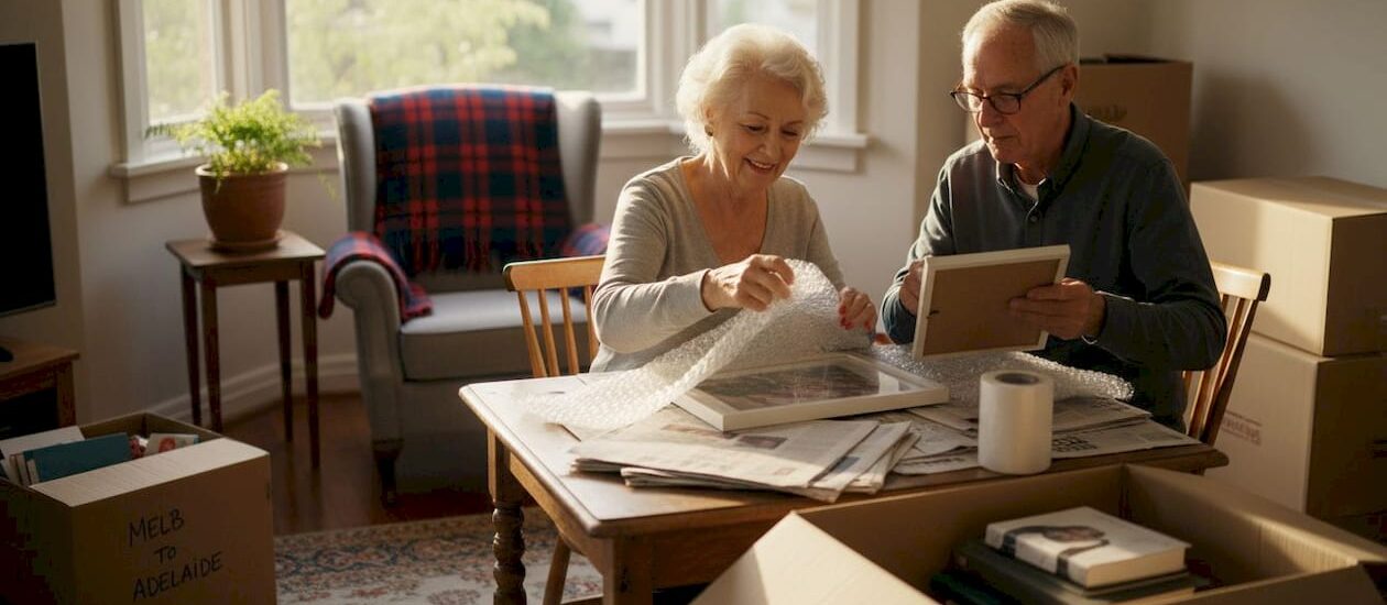 Older couple wrapping keepsakes during move
