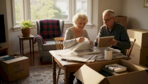 Older couple wrapping keepsakes during move