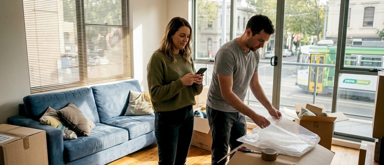 Couple unpacking boxes in Melbourne apartment