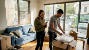Couple unpacking boxes in Melbourne apartment