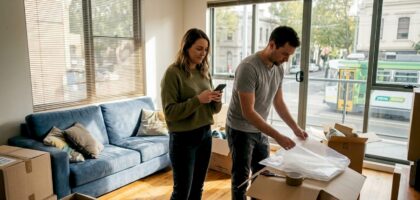 Couple unpacking boxes in Melbourne apartment