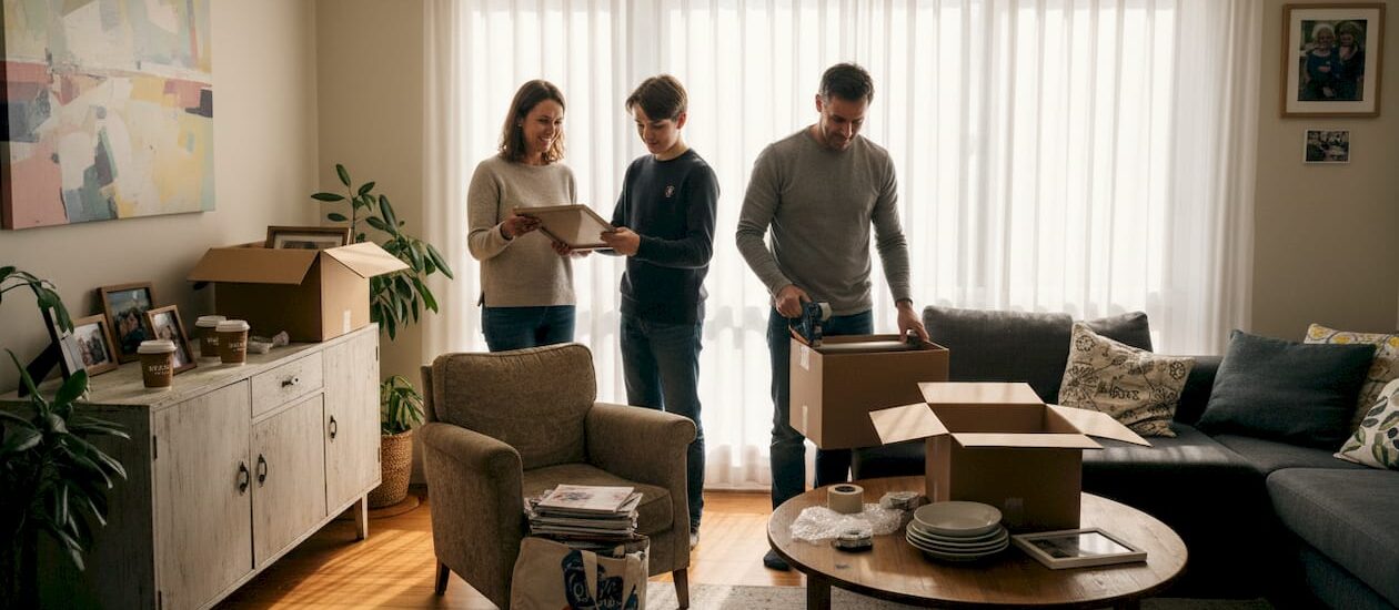Family packing boxes in Melbourne home