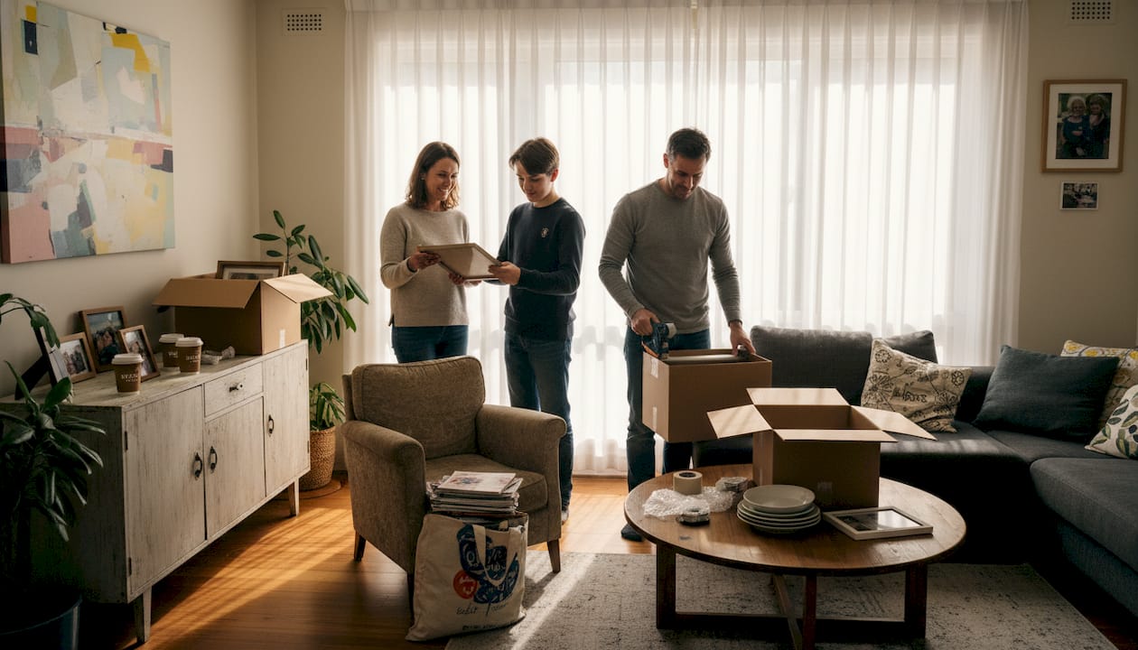 Family packing boxes in Melbourne home