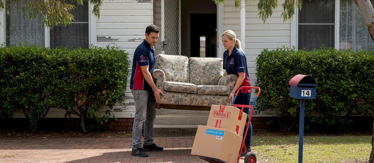 Removalists moving sofa out suburban house