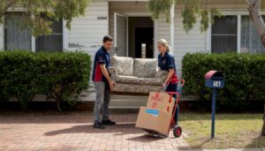 Removalists moving sofa out suburban house
